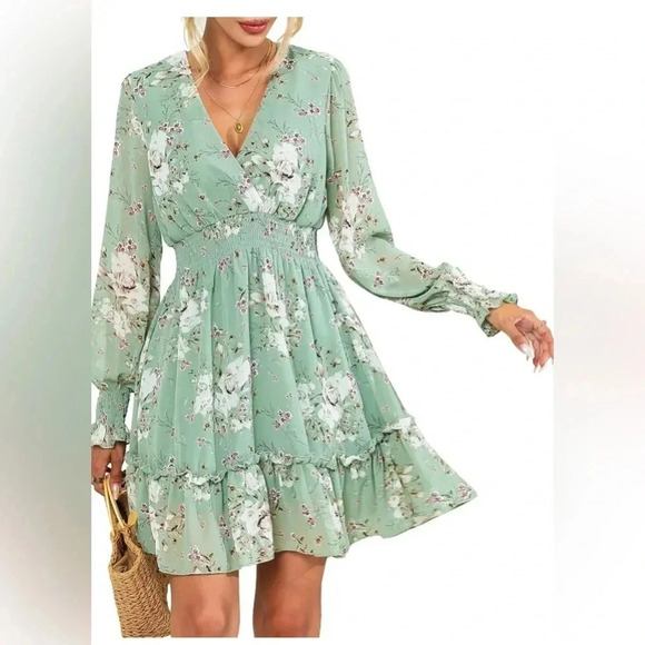 Pretty Wear Dresses & Skirts - Prettywear Women's Floral Chiffon Long Sleeve Mini Dress Flowy A-Line Wrap Neck